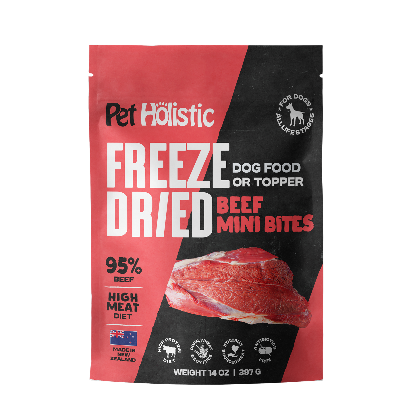 Pet Holistic Freeze Dried Beef Mini Bites dog food or topper 397g/14oz