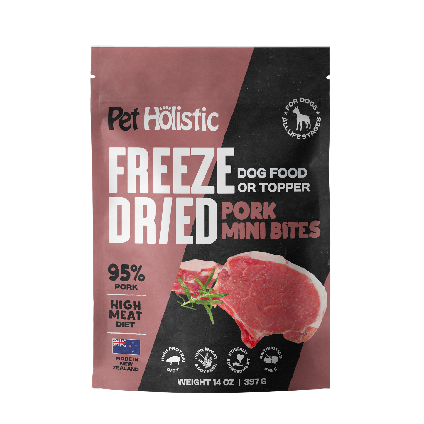 Pet Holistic Freeze Dried Pork Mini Bites dog food or topper 397g/14oz