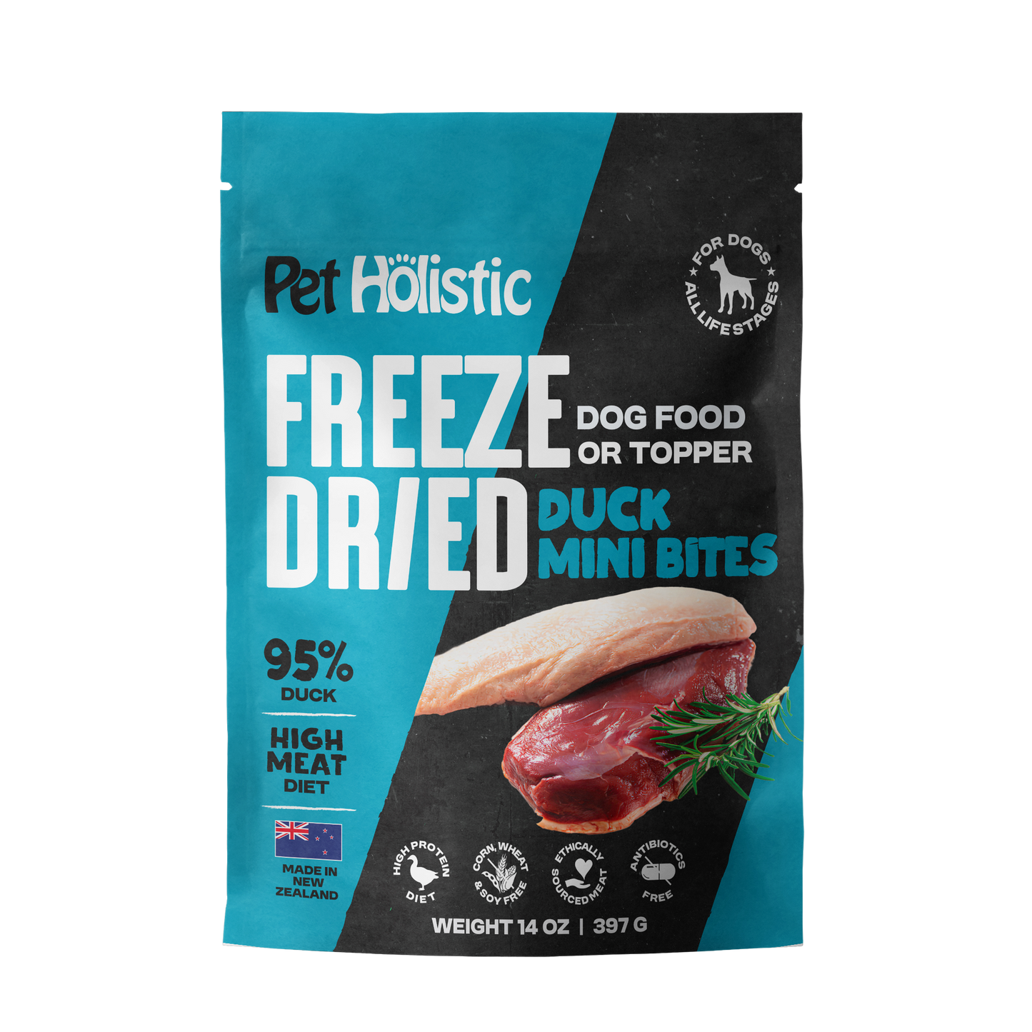 Pet Holistic Freeze Dried Duck Mini Bites dog food or topper 397g/14oz