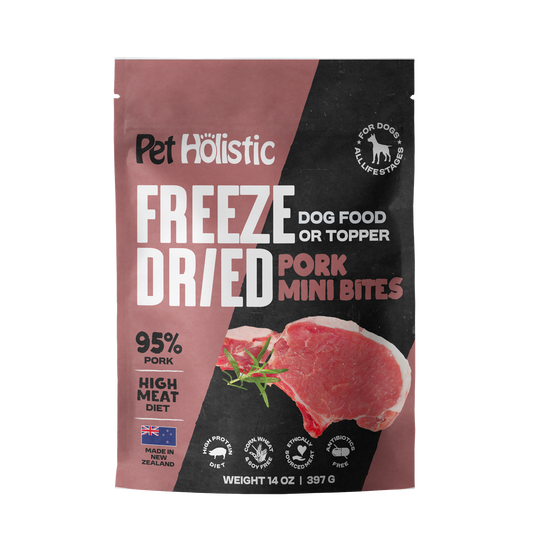 Pet Holistic Freeze Dried Pork Mini Bites dog food or topper 397g/14oz