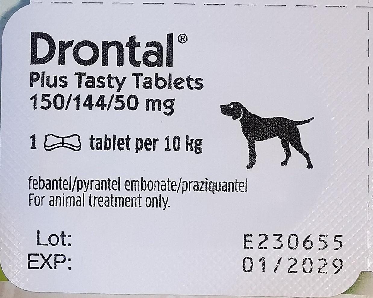 Drontal Plus Tasty Tablets 150/144/50 mg (febantel/pyrantel embonate/praziquantel) dewormer (Elanco)