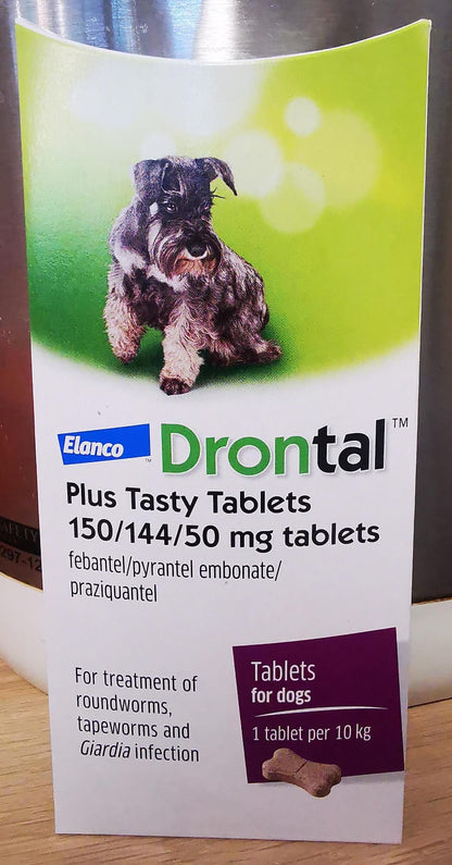 Drontal Plus Tasty Tablets 150/144/50 mg (febantel/pyrantel embonate/praziquantel) dewormer (Elanco)